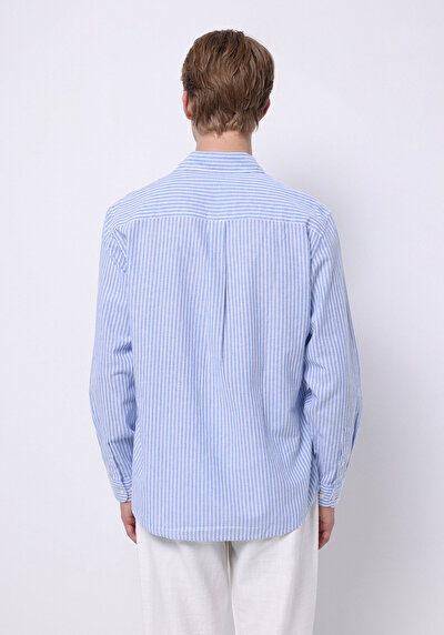 Image de Chemise À Manches Longues Bleu Regular Fit Rayé Lin Homme