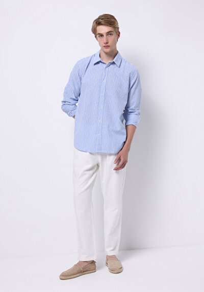 Image de Chemise À Manches Longues Bleu Regular Fit Rayé Lin Homme