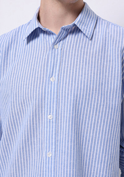 Image de Chemise À Manches Longues Bleu Regular Fit Rayé Lin Homme