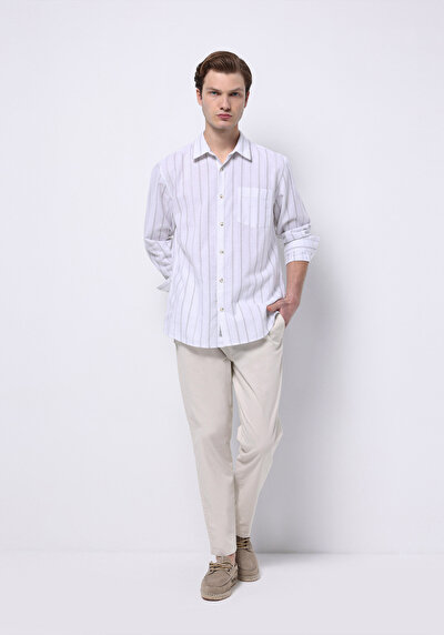 Image de Pantalon Blanc Uzun Medium Rise En Sergé Comfort Fit Homme