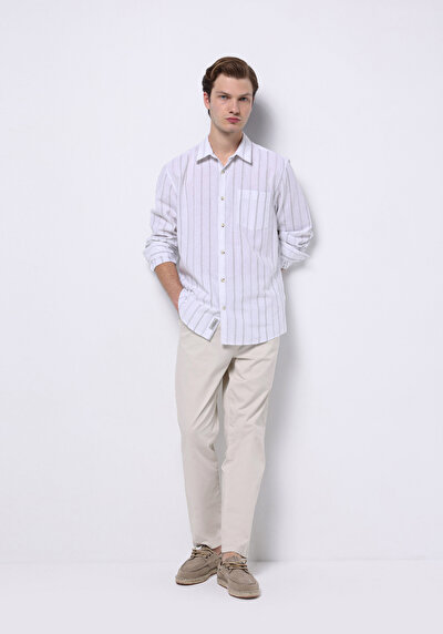 Image de Pantalon Blanc Uzun Medium Rise En Sergé Comfort Fit Homme