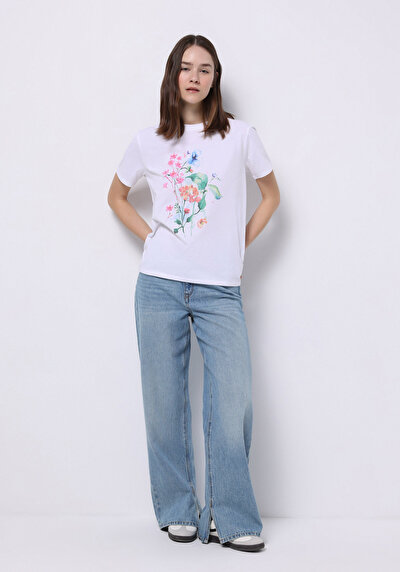 Image de T-shirt À Manches Courtes Blanc Regular Fit Imprimé Femme