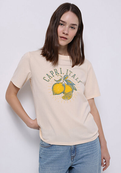 Image de T-shirt À Manches Courtes Beige Regular Fit Imprimé Femme
