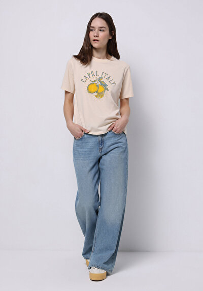 Image de T-shirt À Manches Courtes Beige Regular Fit Imprimé Femme