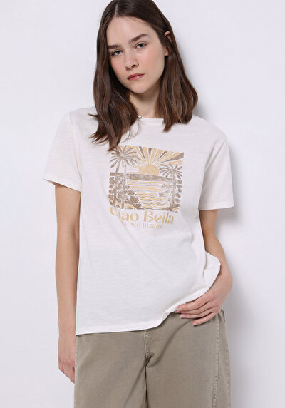 Image de T-shirt À Manches Courtes Blanc Regular Fit Imprimé Femme