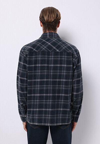 Image de Chemise À Manches Longues Bleu Comfort Fit Plaid Sergé Homme