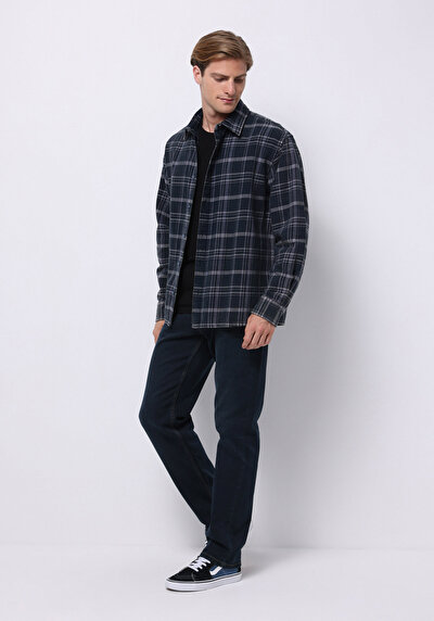 Image de Chemise À Manches Longues Bleu Comfort Fit Plaid Sergé Homme