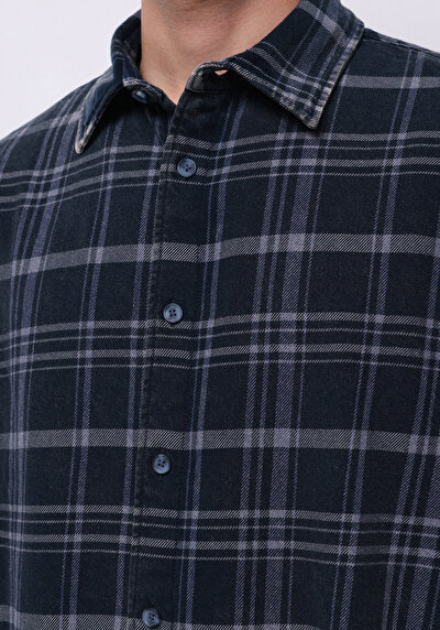Image de Chemise À Manches Longues Bleu Comfort Fit Plaid Sergé Homme