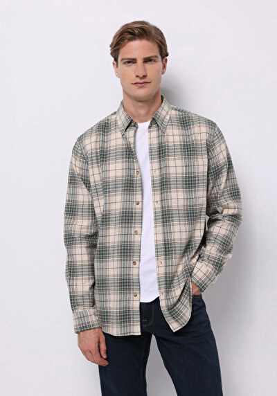 Image de Chemise À Manches Longues Beige Regular Fit Plaid Sergé Homme