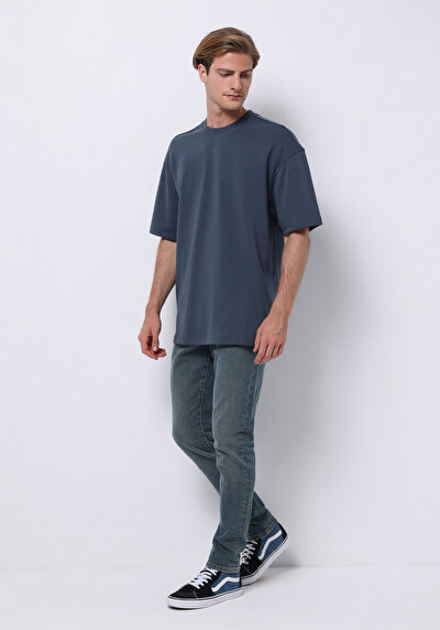Image de T-shirt À Manches Courtes Bleu Oversize Fit Droit Homme