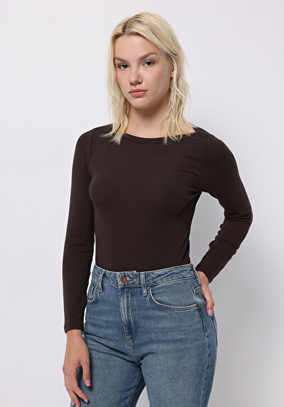 Afficher les détails de T-shirt Marron Slim Fit Manches Longues  Femme
