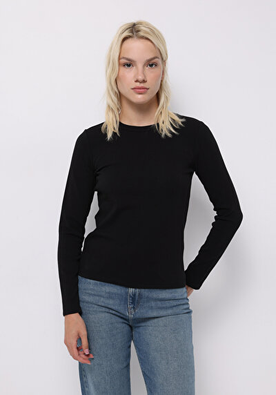 Afficher les détails de T-shirt À Manches Longues Noir Slim Fit  Femme