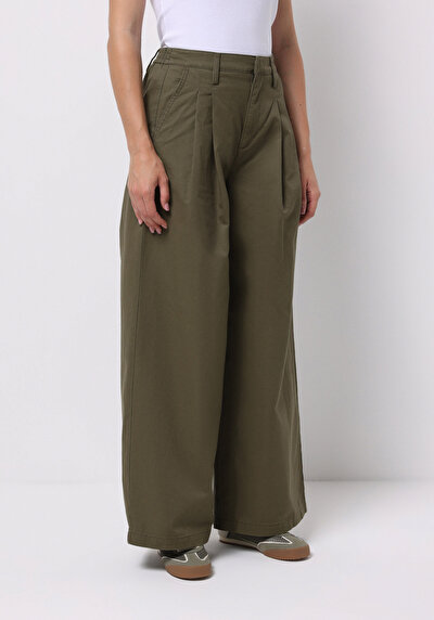 Afficher les détails de Pantalon Kaki Wide Leg Medium Rise En Sergé Regular Fit Femme