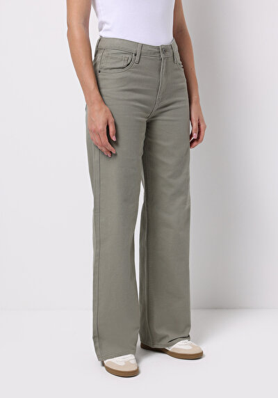 Image de Pantalon Kaki Wide Leg High Rise En Sergé Berry Fit Femme