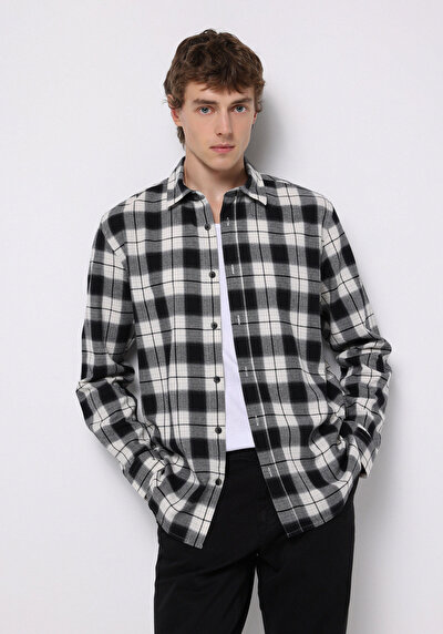 Image de Chemise À Manches Longues Noir Regular Fit Plaid Sergé Homme