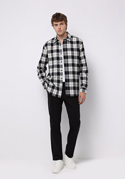 Image de Chemise À Manches Longues Noir Regular Fit Plaid Sergé Homme