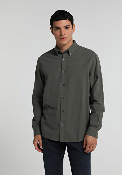Image de Chemise À Manches Longues Kaki Regular Fit Droit Oxford Homme