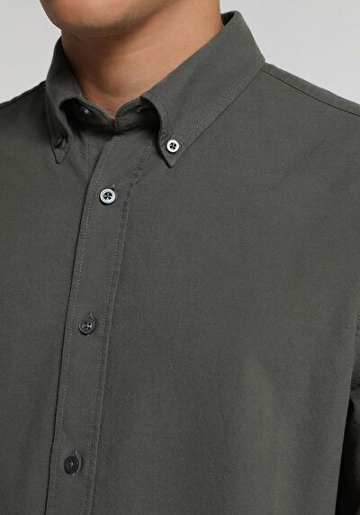 Image de Chemise À Manches Longues Kaki Regular Fit Droit Oxford Homme