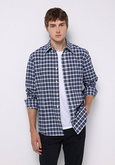 Image de Chemise À Manches Longues Marine Regular Fit Plaid Sergé Homme