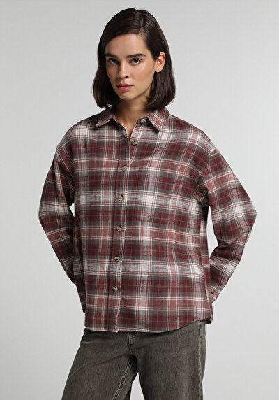 Image de Chemise À Manches Longues Rose Regular Fit Plaid Sergé Femme