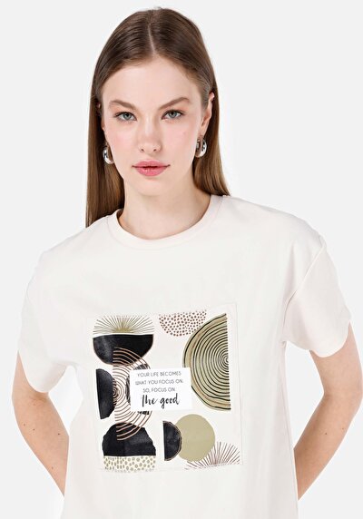 Image de T-shirt À Manches Courtes Ecru Regular Fit Imprimé Femme