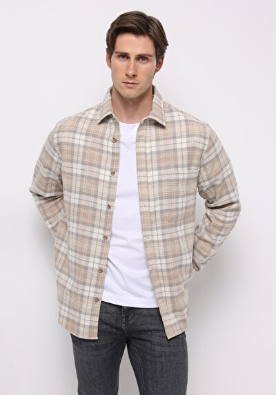 Image de Chemise À Manches Longues Beige Regular Fit Plaid Sergé Homme