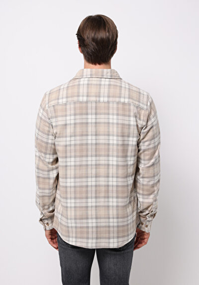 Image de Chemise À Manches Longues Beige Regular Fit Plaid Sergé Homme