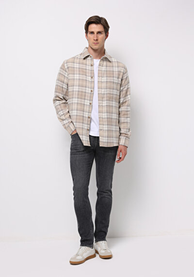 Image de Chemise À Manches Longues Beige Regular Fit Plaid Sergé Homme