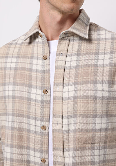 Image de Chemise À Manches Longues Beige Regular Fit Plaid Sergé Homme