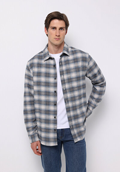 Image de Chemise À Manches Longues Bleu Regular Fit Plaid Sergé Homme