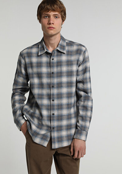 Image de Chemise À Manches Longues Bleu Regular Fit Plaid Sergé Homme