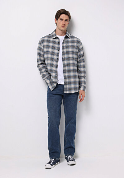 Image de Chemise À Manches Longues Bleu Regular Fit Plaid Sergé Homme