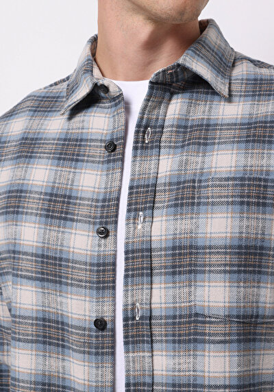 Image de Chemise À Manches Longues Bleu Regular Fit Plaid Sergé Homme