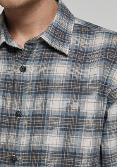 Image de Chemise À Manches Longues Bleu Regular Fit Plaid Sergé Homme