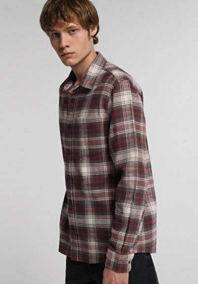 Image de Chemise À Manches Longues Bordeaux Regular Fit Plaid Sergé Homme