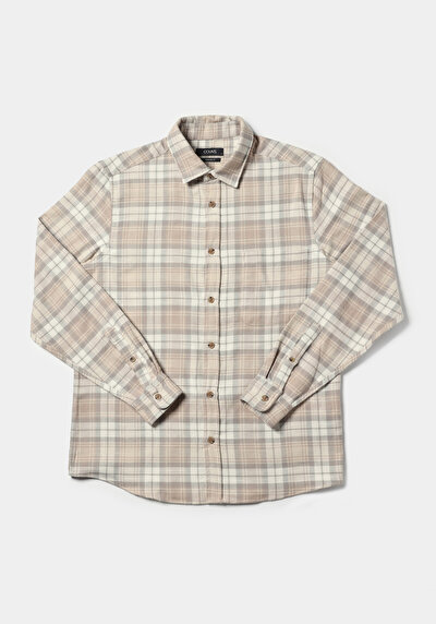 Image de Chemise À Manches Longues Beige Regular Fit Plaid Sergé Homme