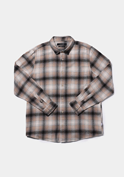 Image de Chemise À Manches Longues Beige Comfort Fit Plaid Sergé Homme