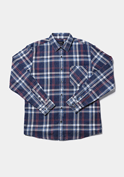 Image de Chemise À Manches Longues Bleu Regular Fit Plaid Sergé Homme