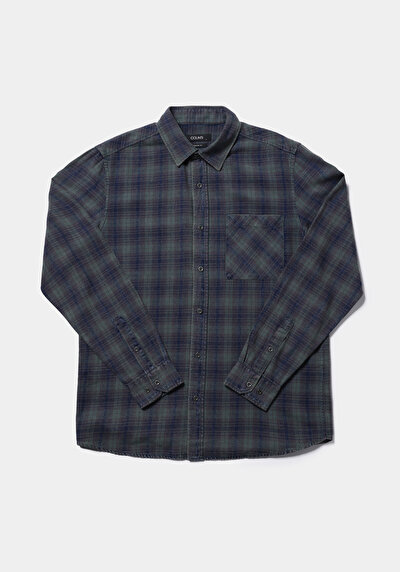 Image de Chemise À Manches Longues Vert Regular Fit Plaid Sergé Homme