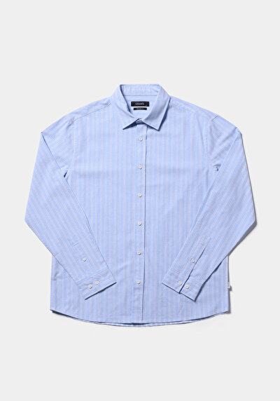 Image de Chemise À Manches Longues Bleu Regular Fit Rayé Oxford Homme