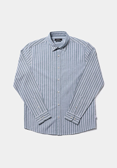 Image de Chemise À Manches Longues Vert Regular Fit Rayé Oxford Homme