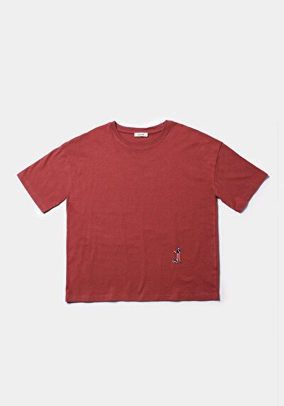 Image de T-shirt À Manches Courtes Rouge Regular Fit Brodé Femme