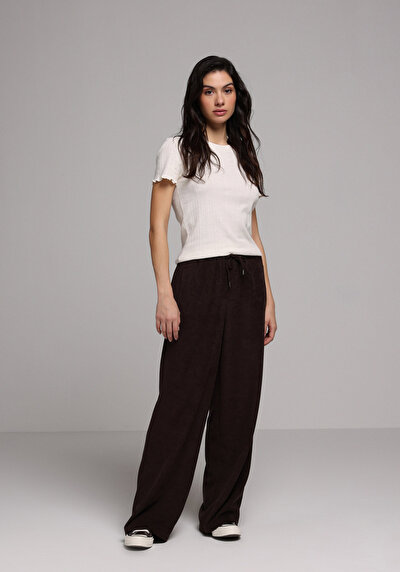 Image de Pantalon Marron Wide Leg High Rise En Ratière Regular Fit Femme