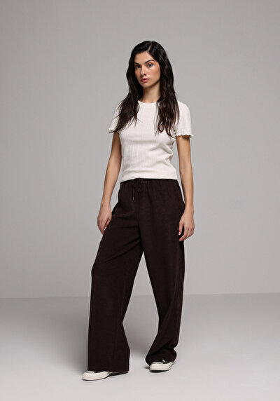 Image de Pantalon Marron Wide Leg High Rise En Ratière Regular Fit Femme