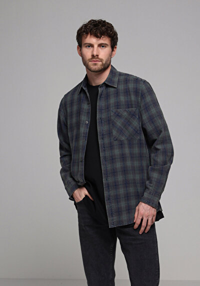 Image de Chemise À Manches Longues Vert Regular Fit Plaid Sergé Homme
