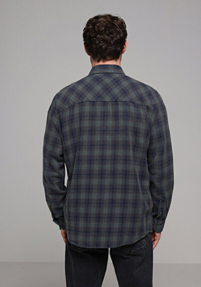 Image de Chemise À Manches Longues Vert Regular Fit Plaid Sergé Homme