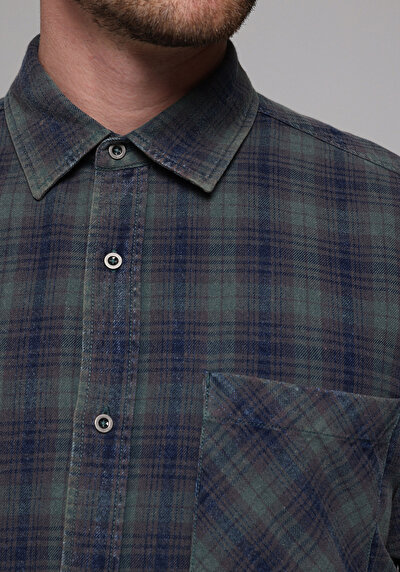 Image de Chemise À Manches Longues Vert Regular Fit Plaid Sergé Homme