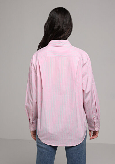 Image de Chemise À Manches Longues Rose Oversize Fit Rayé Popeline Femme