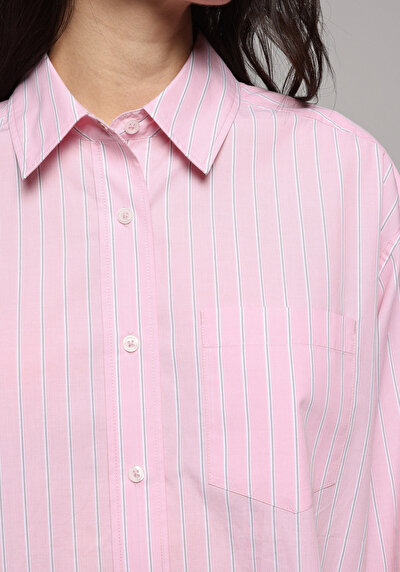 Image de Chemise À Manches Longues Rose Oversize Fit Rayé Popeline Femme