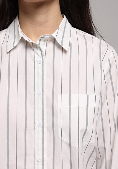 Image de Chemise À Manches Longues Blanc Regular Fit Rayé Popeline Femme